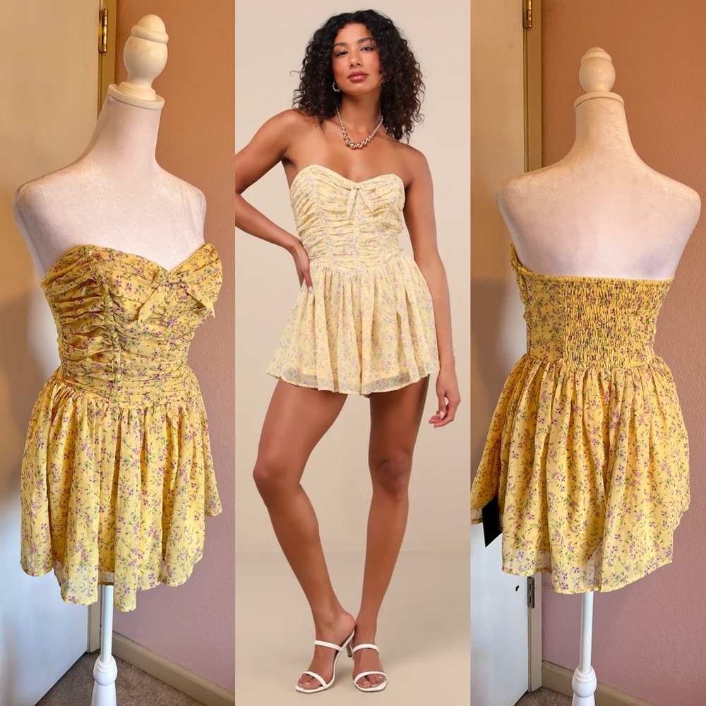 Strapless Romper from Lulus in Floral Marinella Yellow